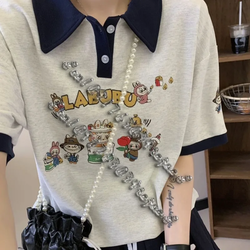 

Polo Neck Short Sleeve T-Shirt Women's Loose Fit Slimming Half Sleeve Summer Color Block Shoulder Insertion American Sty
