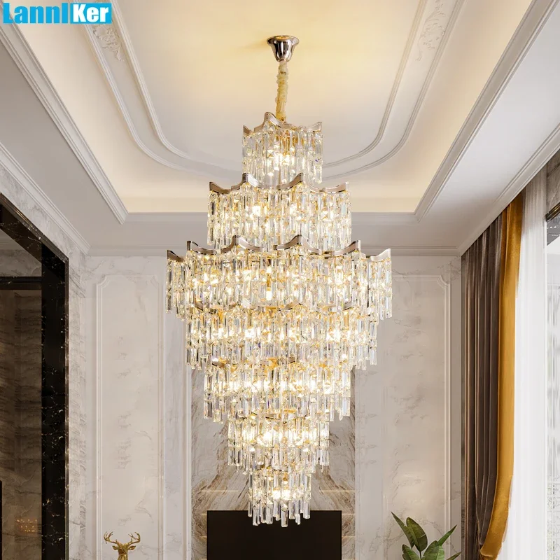 Luxury Crystal Gold Chandelier Elegant Crystal Pendant Lamps  Exquisite Crystal Hanging Lighting for Living Room Villa Staircase