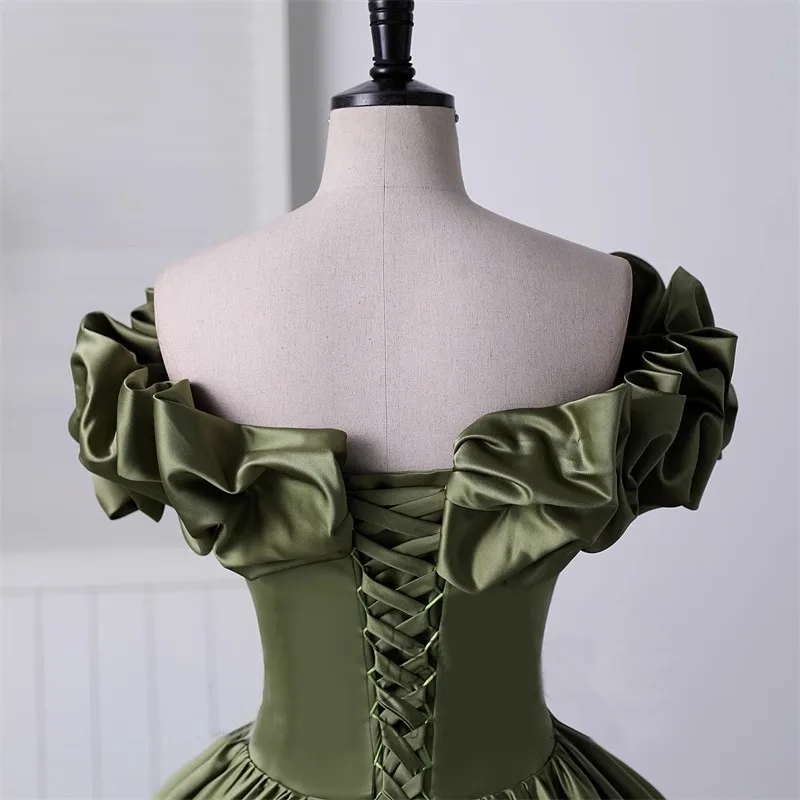 Plus Size Satin Short Sleeves Ruffle Army Green Color Elegant Cocktail Dresses Robe Coktail Femme Longue Ball Gowns