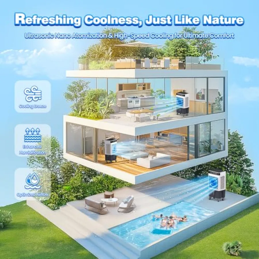 Pendingin Udara Evaporatif 3000CFM untuk Penggunaan Dalam dan Luar Ruangan dengan Kontrol Jarak Jauh Osilasi 120, Timer 12 Jam, 4 Paket Es, 3 Mode Operasi