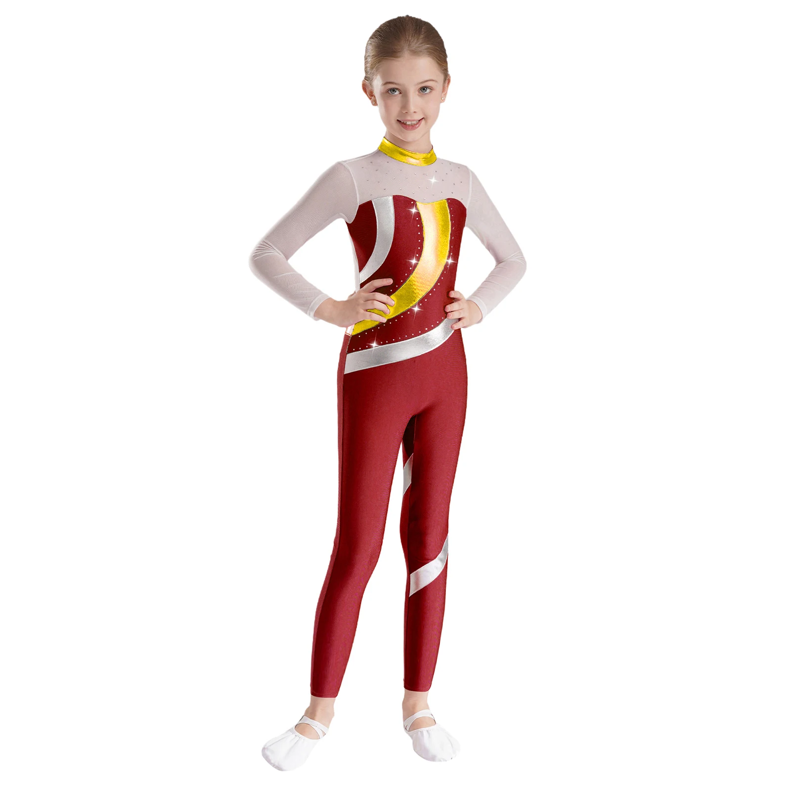 Kids Girls Metallic Yoga Jumpsuit Sheer Mesh Patchwork Long Sleeve Ballet Bodysuit for Gymnastics Figure Skating Leotards