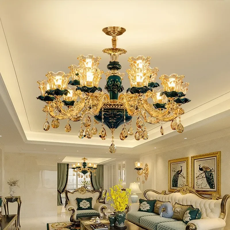 European Ceramic Crystal Chandelier for Living Room Dining Bedroom Luxury Pendant Light Fixture Home Decor