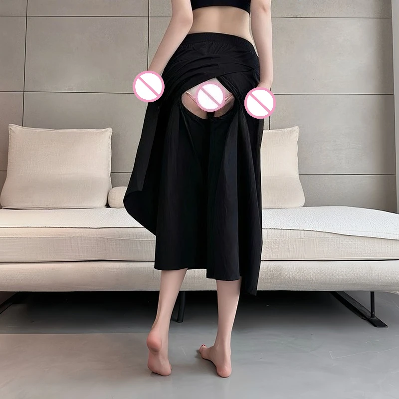 Women Open Crotch Panties Loose Wide Leg Pants Front Back Zipper Skirt Pants Easy Take off Crotchless Dating Casual Wear Capris