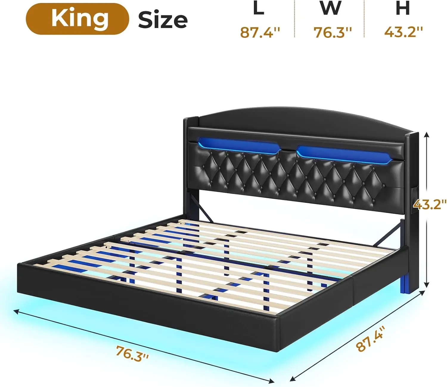 Floating Bed Frame King Size with Type-C Charging Station& Hidden Storage Headboard, King RGB Floating Platform Bed