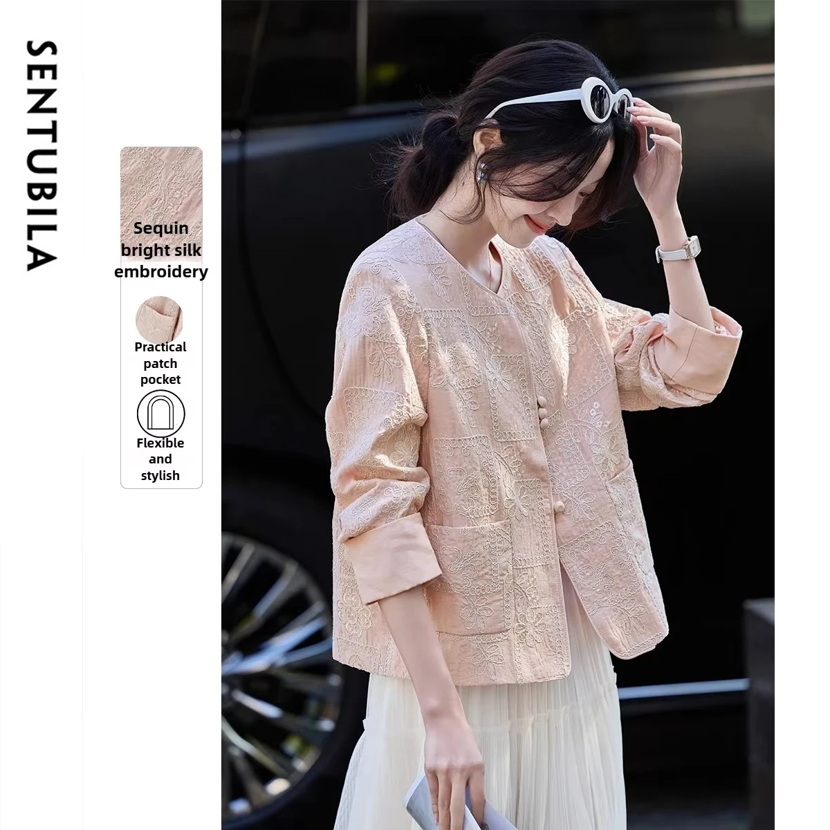 SENTUBILA Women's Beaded Jacket 2026 Autumn Chinese Style Round Collar Sparkle Silk Embroidery Outwear Elegant Top T53WB1758
