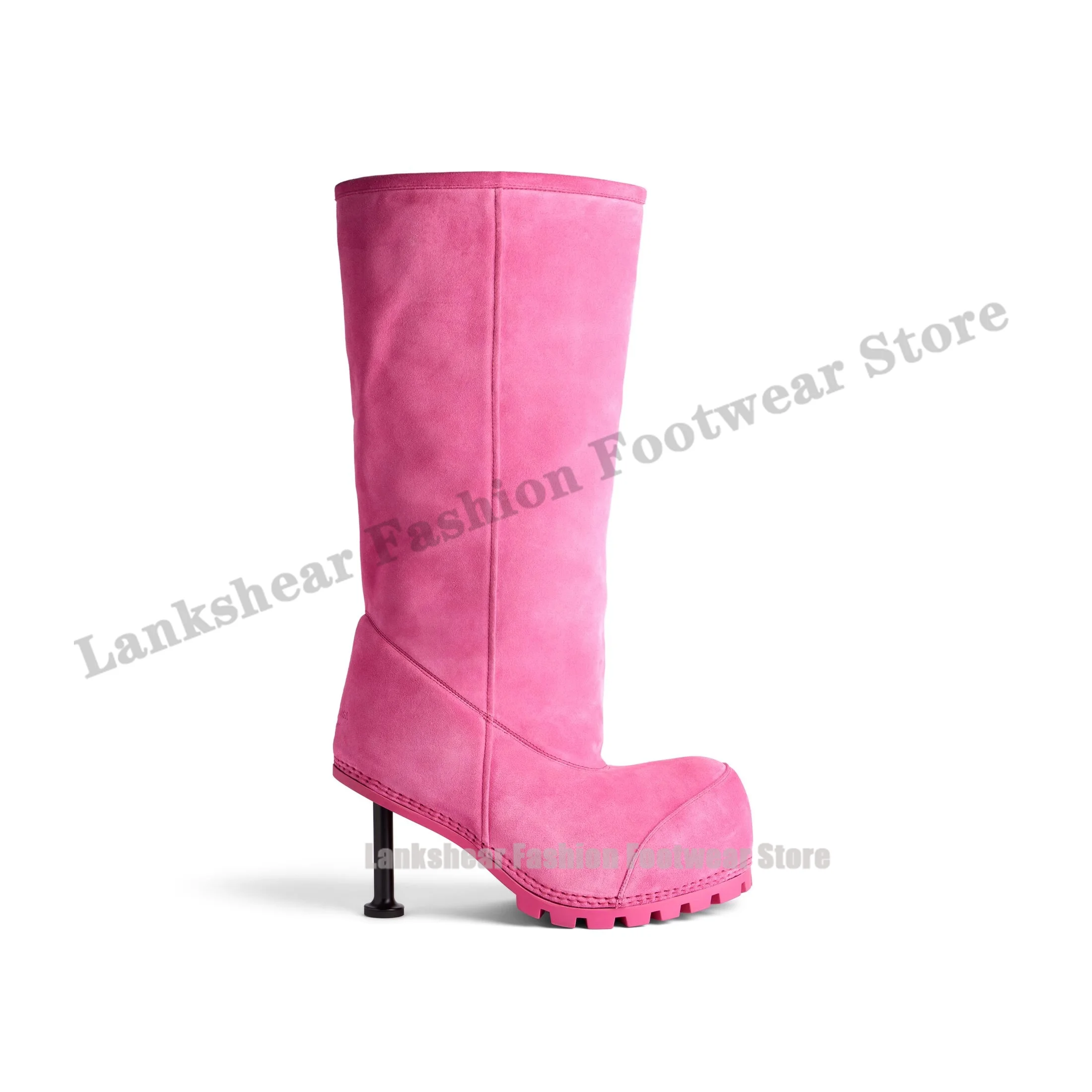 Big Round Toe Thin High Heel Boots Pink Warm Long Snow Booties Luxury Solid Color Ruwnay Fashion Slip-On Shoes Zapatos Mujer