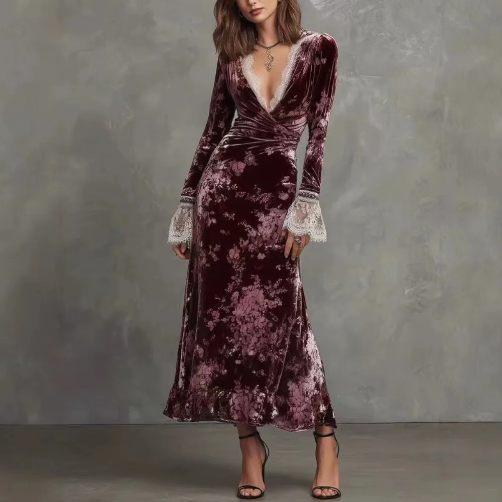 New Velvet Print V Neck Lace Trumpet Midi Dress Women Flare Sleeve Slim Fit Party Banquet Outfit