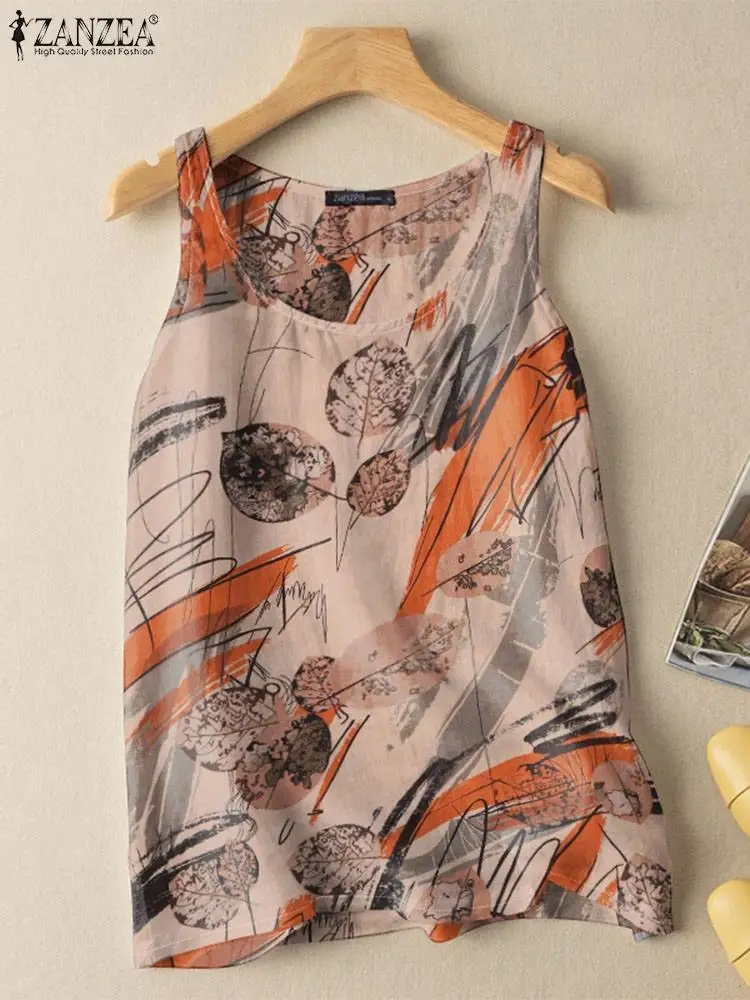 ZANZEA Summer Women Vintage Printed Tank Tops 2024 New Holiday Casual O Neck Sleeveless T-shirts Daily Loose Cotton Camis Blouse