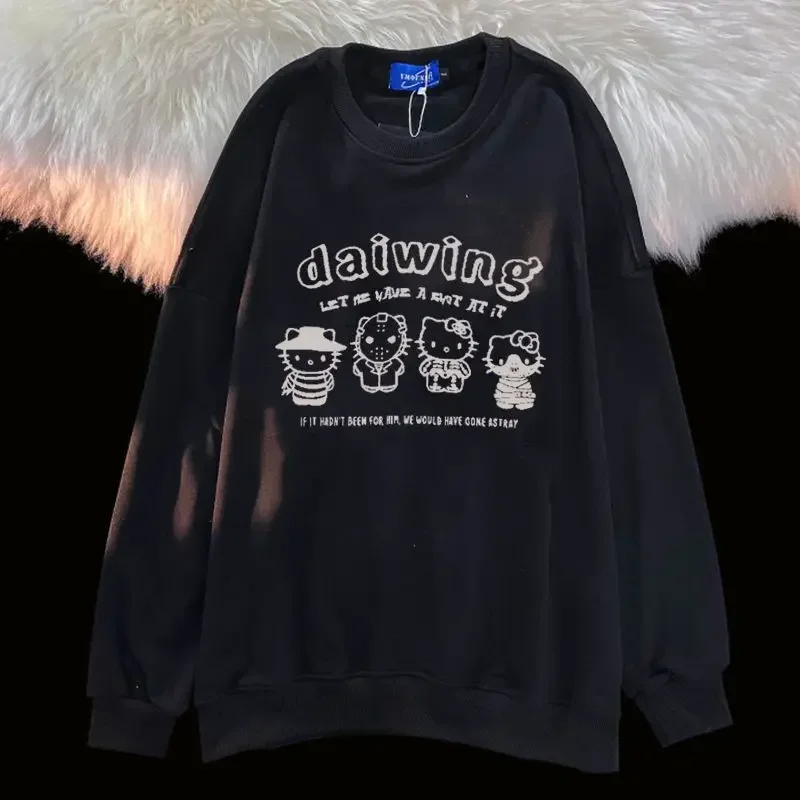 Japonês kawaii meninas jumper olá kitty o-pescoço camisola feminina nova primavera outono solto harajuku topos kpop goth branco pullovers