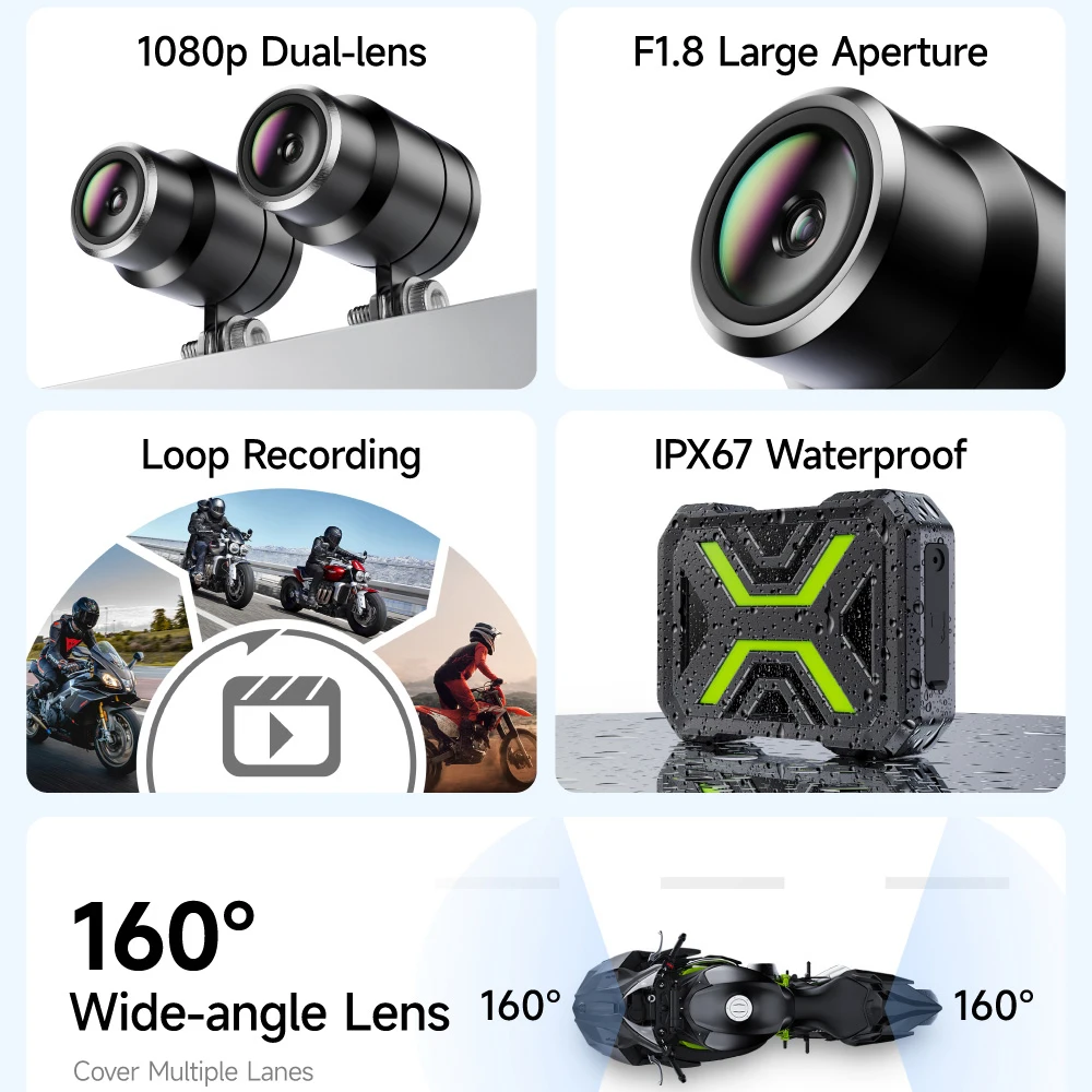 المزدوج دراجة نارية DVR1080P عمل كاميرا مسجل الجبهة والرؤية الخلفية مقاوم للماء دراجة نارية داش كام واي فاي الذكية ربط JIUYIN