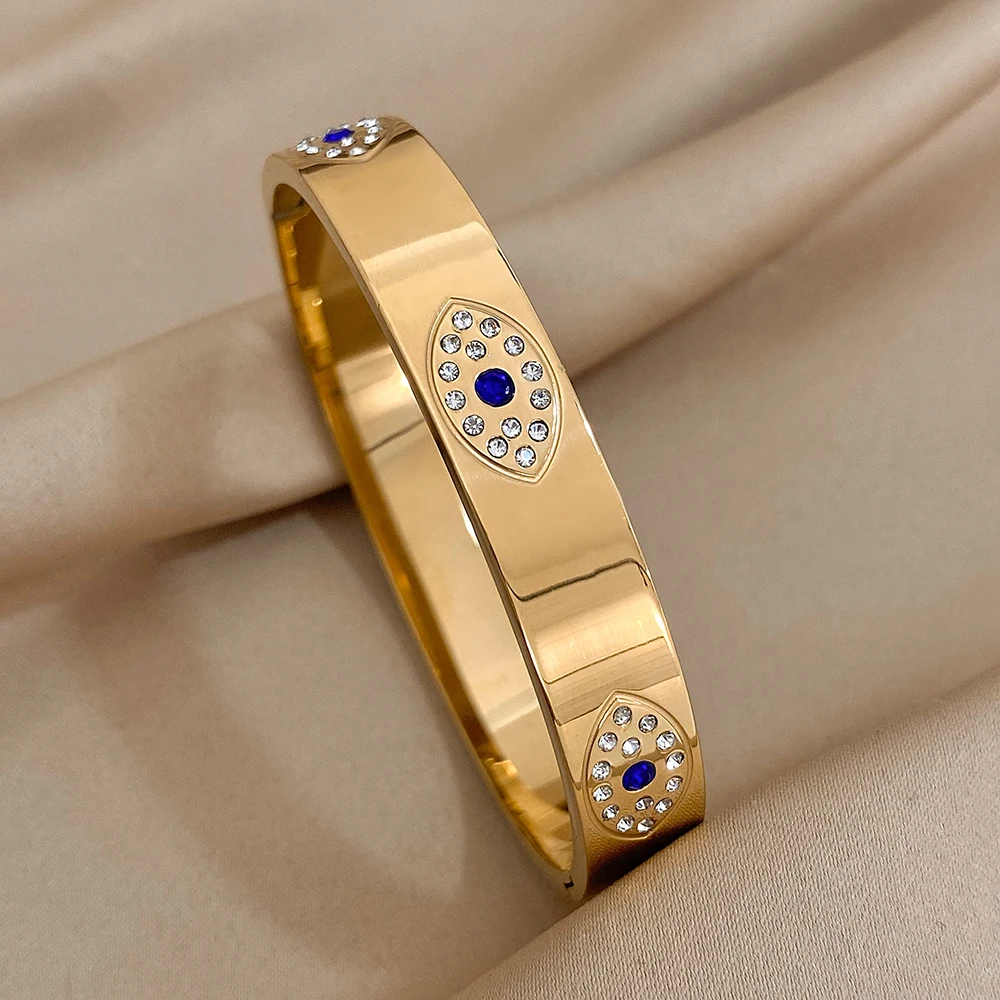 Evil Eye Stainless Steel Charm Bracelet, Rhinestone
