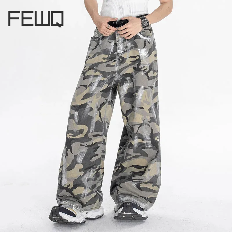 

FEWQ Camouflage Silver Washed Men Jeans Loose Straight Leg Workwear Denim Pants 2024 Contrast Color Male Trousers 24E1159