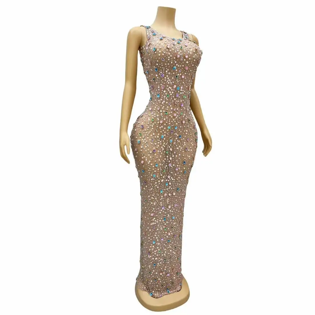 2024 Summer Colorful Rhinestones Sleeveless Dress Birthday Sexy Crystals Outfit Singer Wedding Graduation Costume Tangguo