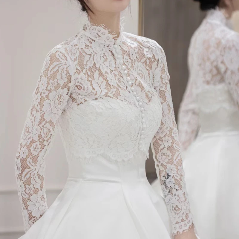 GOHYPDUG Nuovo Arrivo Appliques In Pizzo Condizioni di Manica Lunga da Donna Spalle di Pizzo Bianco Ritagliata Bolero Giacca da Sposa 2025 Da Sposa