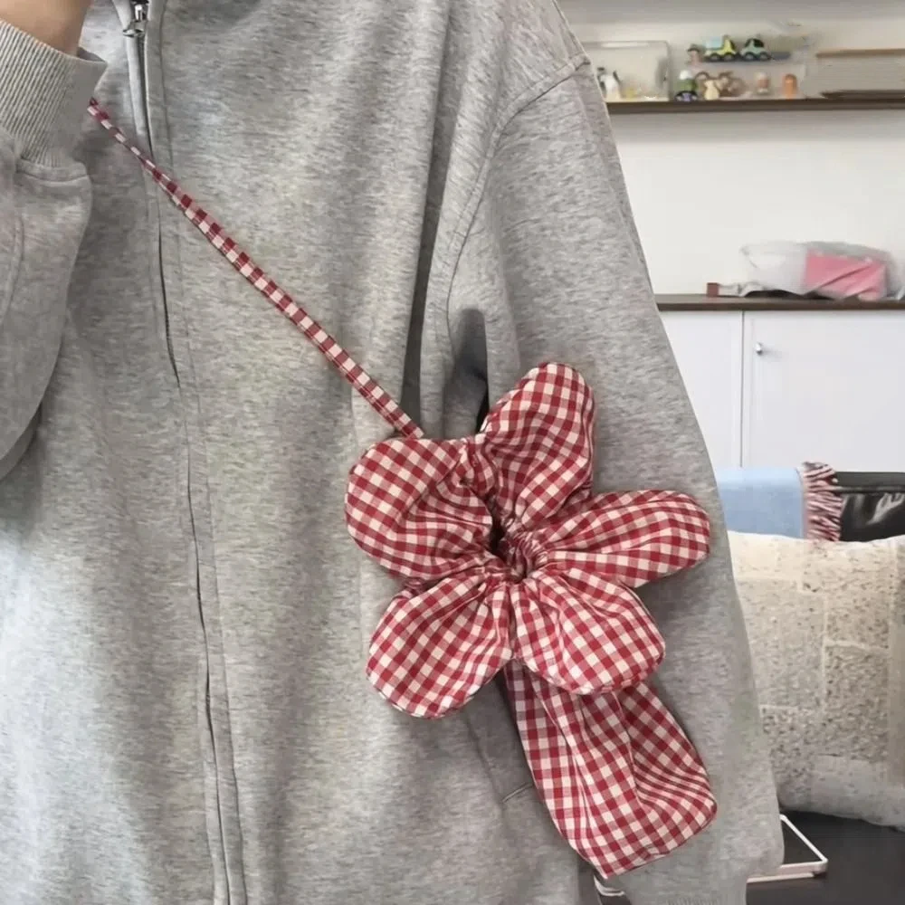 

Casual Korean Style Plaid Drawstring Bag Cute Printing Small Crossbody Bag Portable Bundle Pocket Flower Handbag Vacation