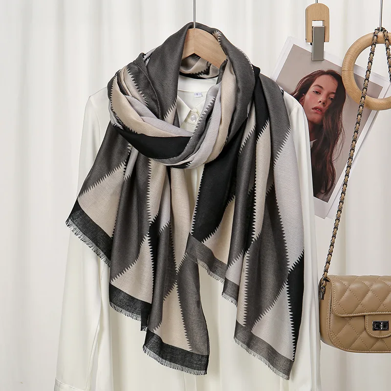 Зимний толстый шарф из вискозы, шали и палантины с бахромой в клетку геометрической формы, Женский мусульманский хиджаб, шарф 180*90 см