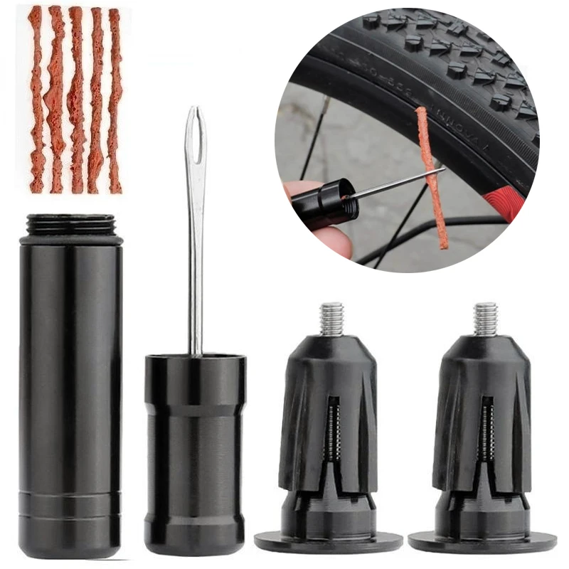 Bike Tubeless Tire Repair Kit Tool with Bar End Plug Mountain Road Bicycle Tire Punctures Handlebar Storage Rubber Stripe