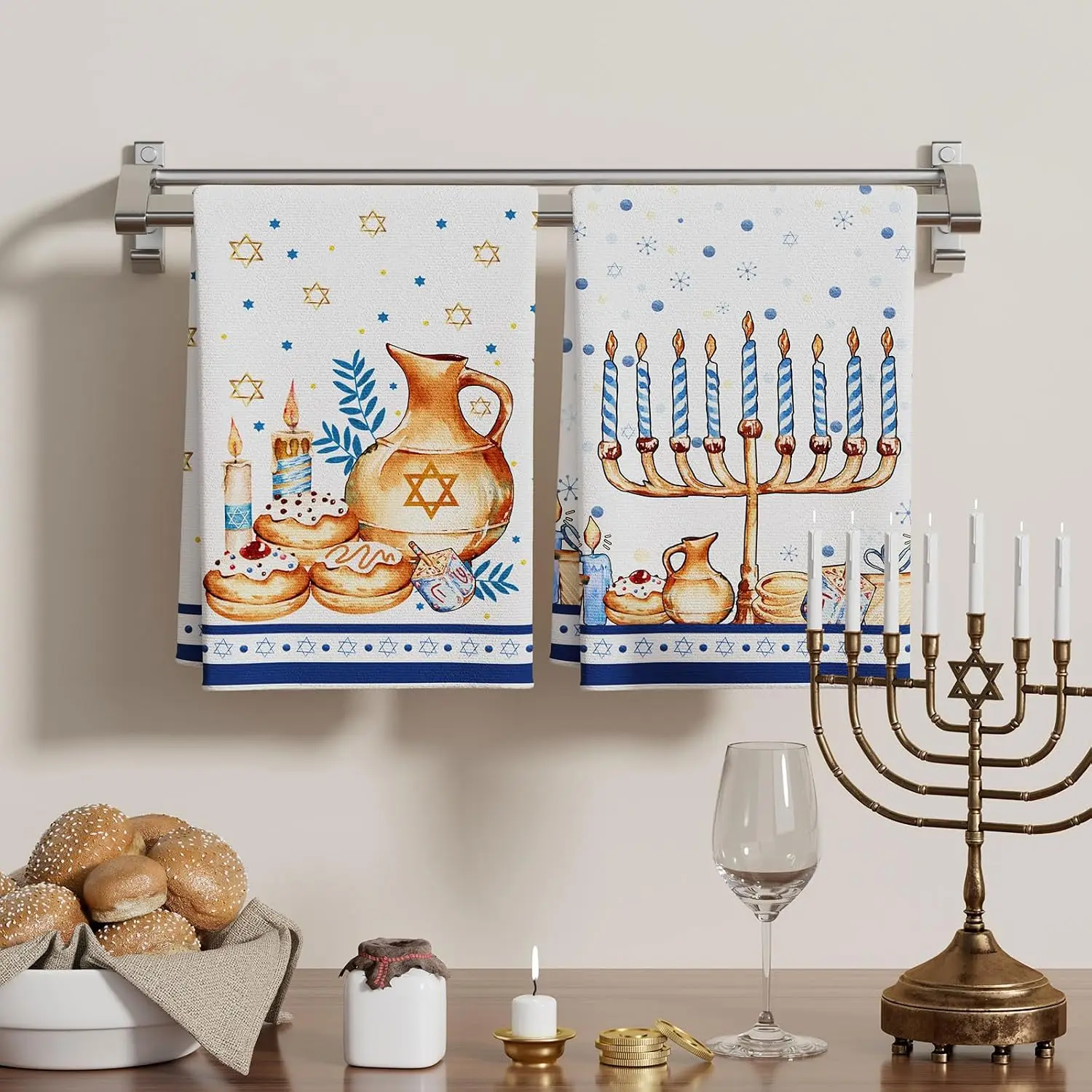 Hanukkah Menorah Star of David Kitchen Dish Towels for Jewish Holiday Decor Super Absorbent Chanukah Kitchen Hand Towels Set