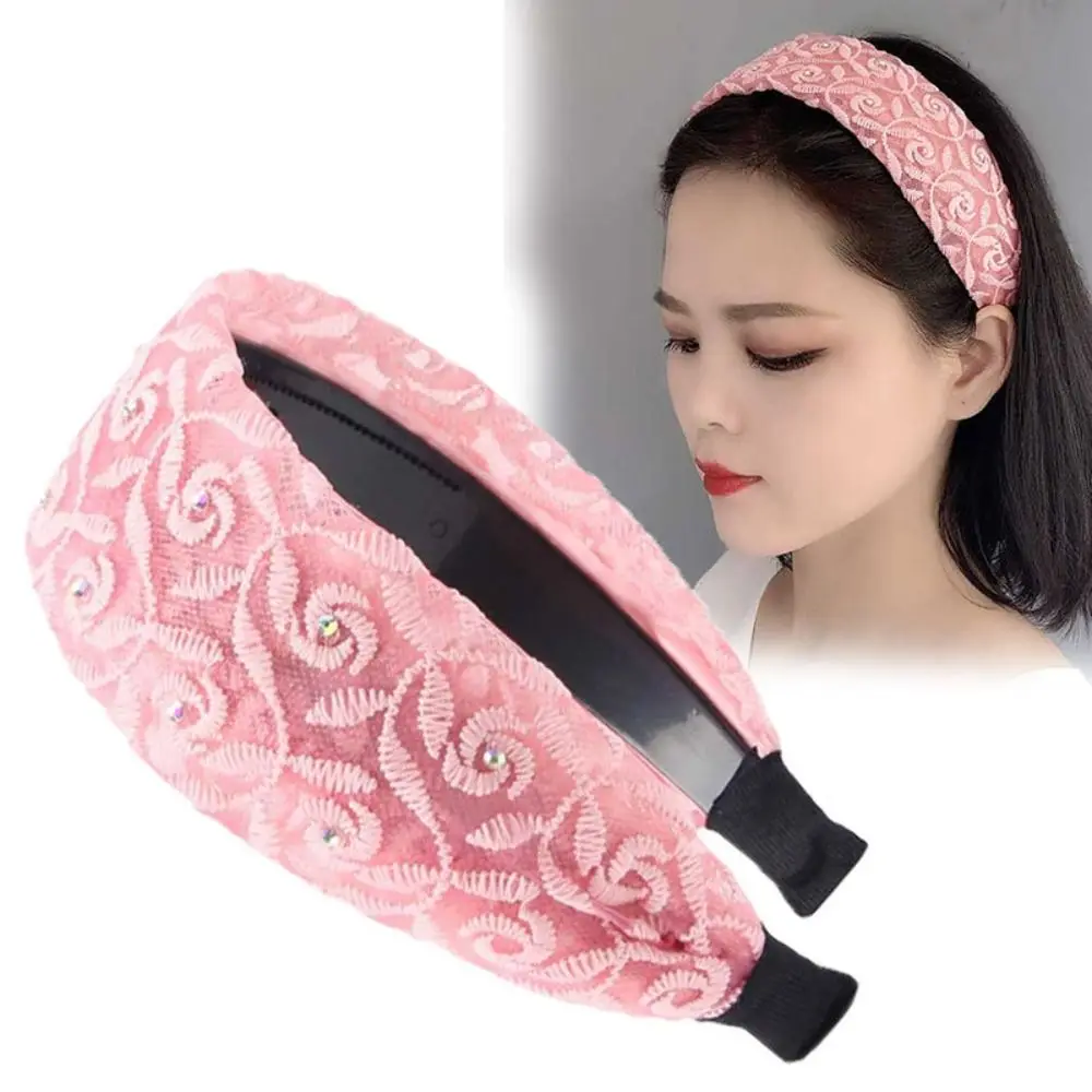 

Crystal Women Hair Hoop Trendy Wide Side Mesh Korean Head Wrap Tooth Embroidery Lace Headband New Headwear