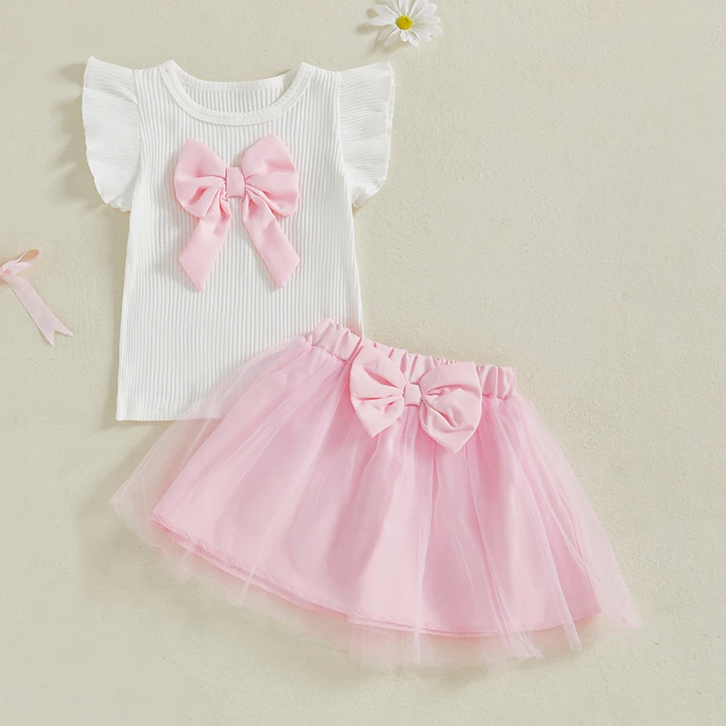 Conjunto de top de manga con volantes y pantalones cortos de mezclilla con detalle de lazo para niñas - Conjunto informal de verano para niños