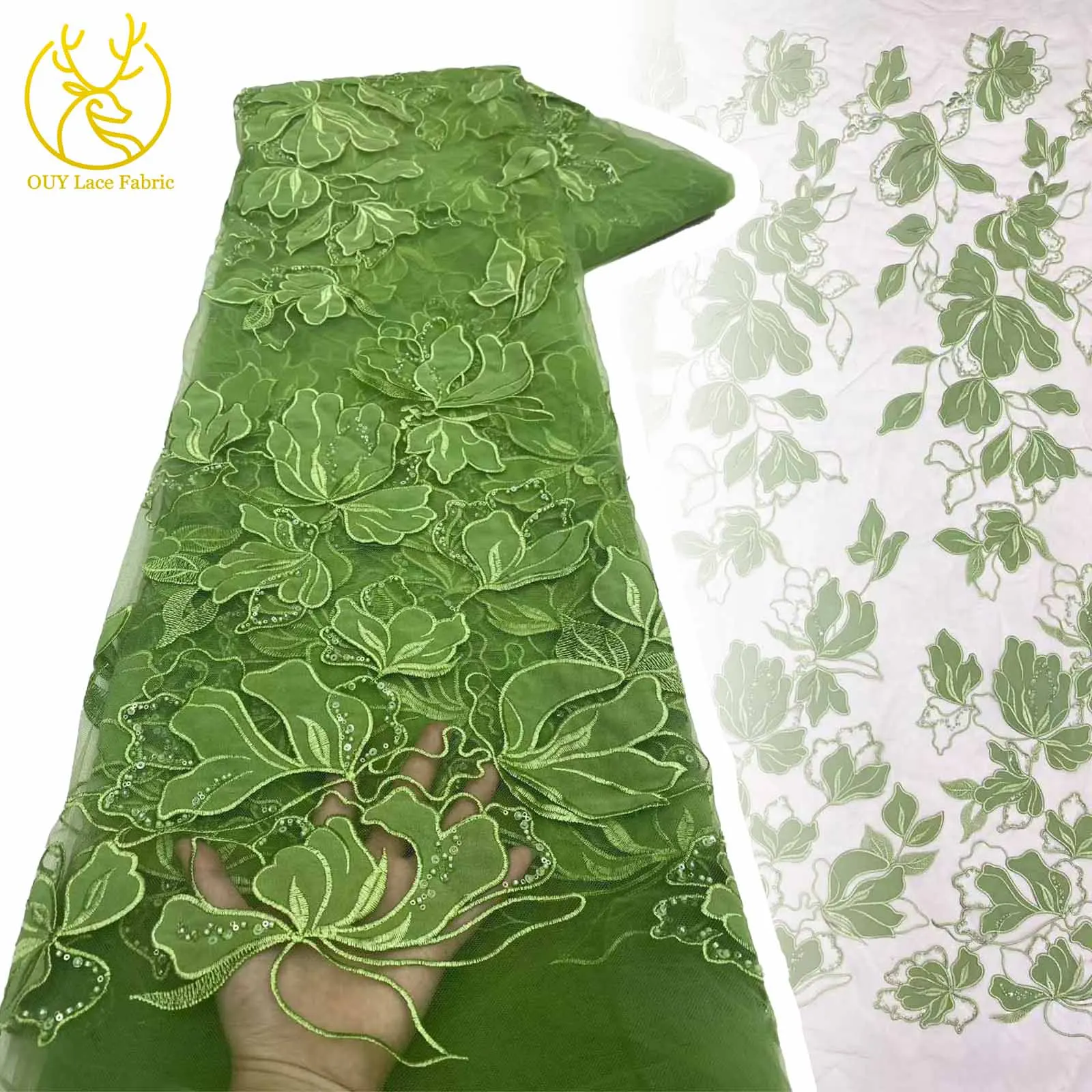 

Green French Sequin Embroidery Mesh Lace Fabric 2025 High Quality African Nigerian Beaded Lace Fabric for Wedding Party Dresses