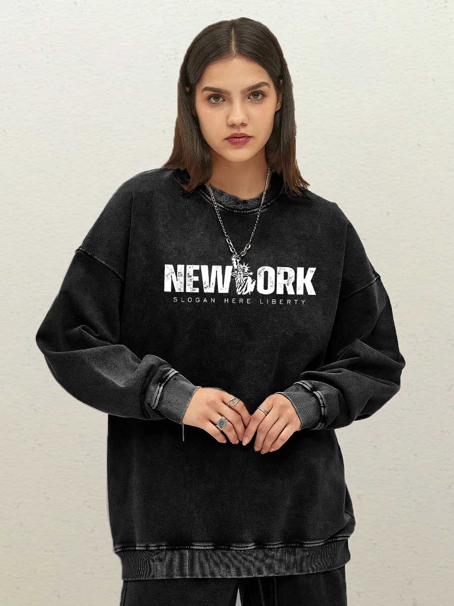 Sudadera lavada con estampado de la libertad aquí con eslogan de Nueva York para mujer, jersey de algodón Harajuku, Tops de gran tamaño Unisex, chándal cómodo