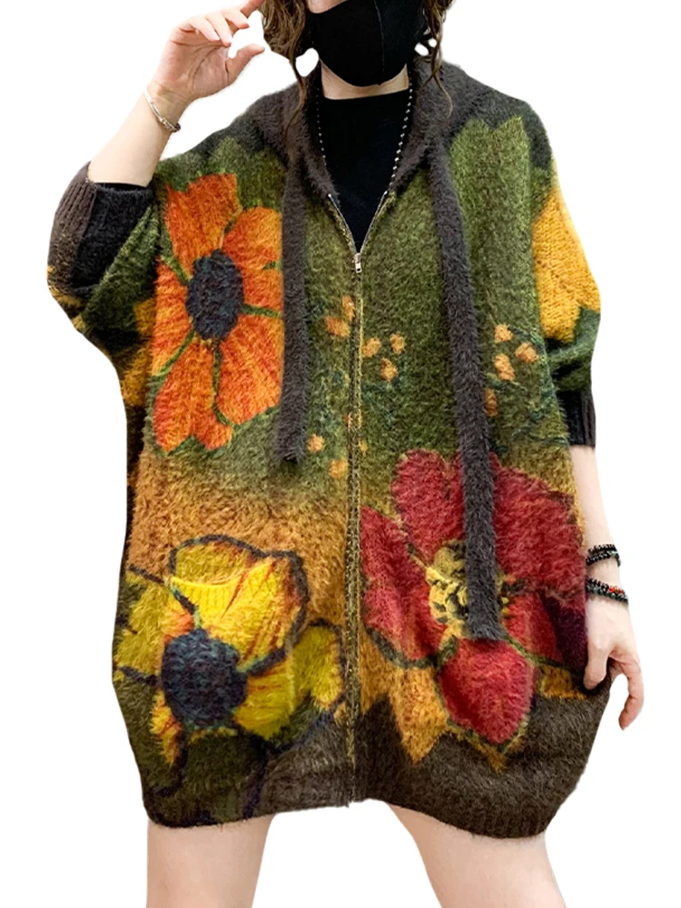 Maglieria moda femminile invernale da donna maglioni caldi con cappuccio stampati classici larghi da donna cardigan di grandi dimensioni floreali