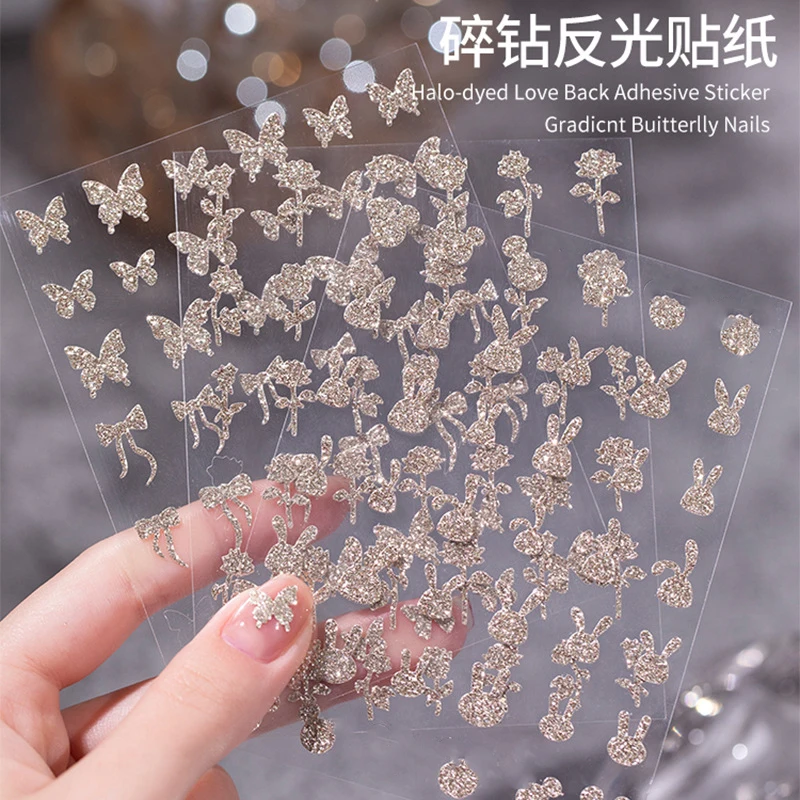 

3/6Sheets Sparkle Tiny Diamond Reflective Rabbit Butterfly Snowflake Cross Flame Rose Adhesive Nail Art Stickers Manicure Decals