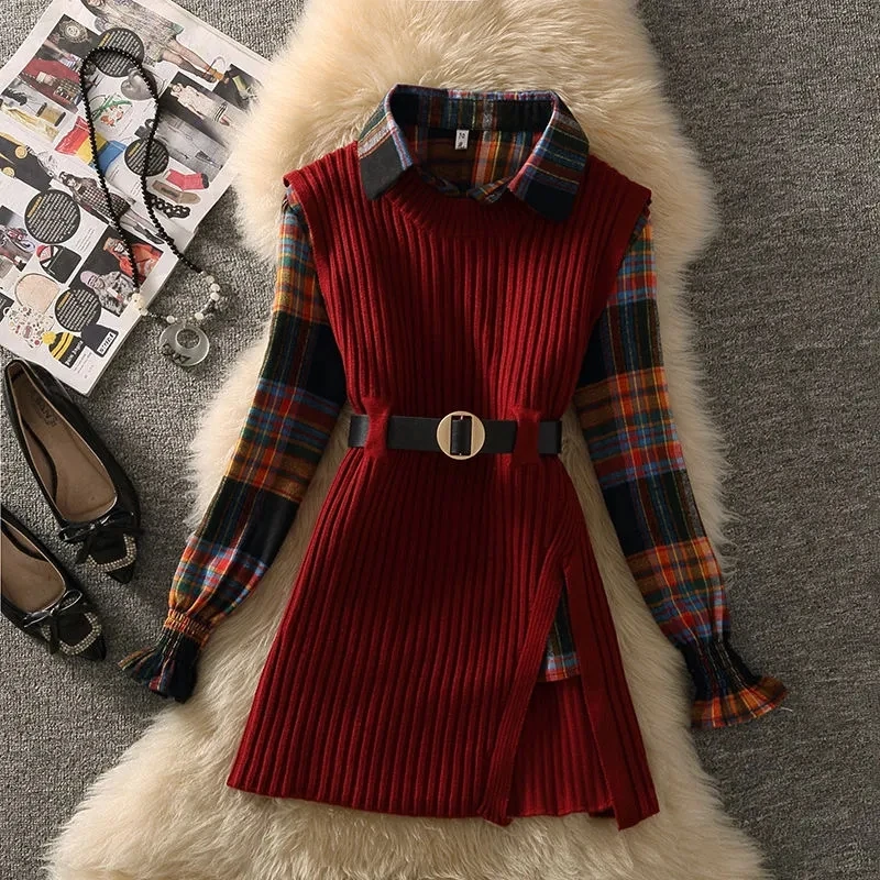 Fall Winter Two Pieces Suits Casual Outfits Womens Vintage Loose Plaid Blouses Top+split Knit Tank Top Fashion Clothing Female