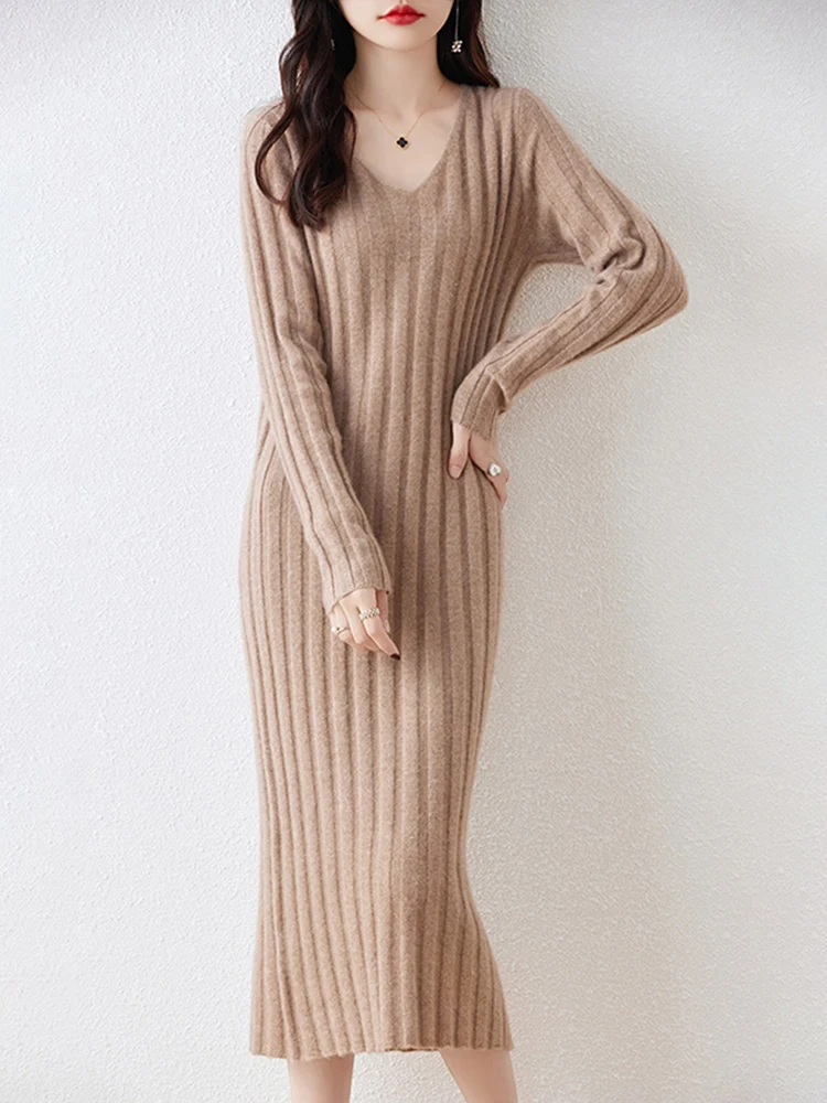 100% Wool Women Knitted Long Dress Autumn Winter 2023 Elegant Pleated A-Line Midi Dresses Female V-neck Casual Ribbed Maxi Robe