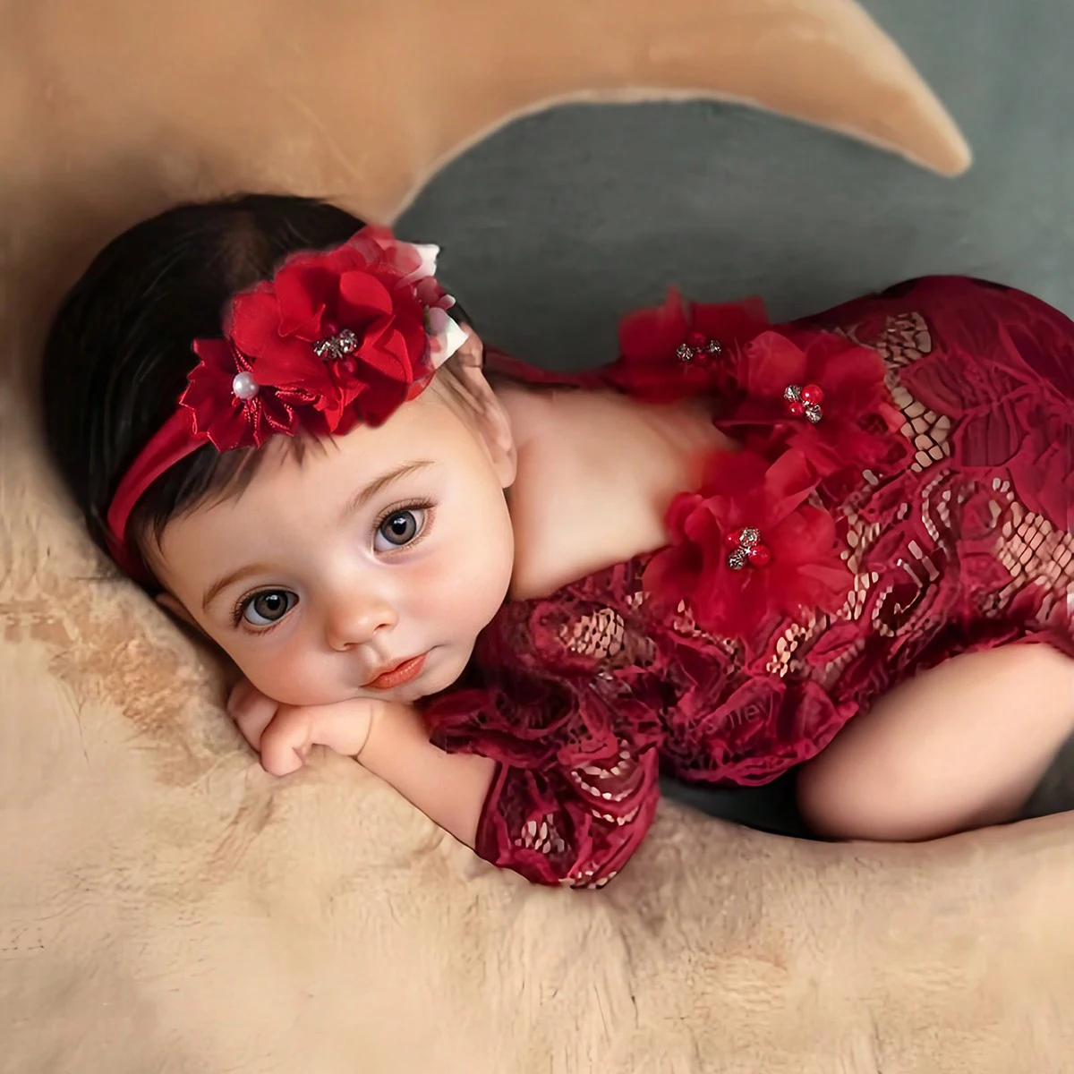 Ylsteed Wine Red Newborn Picture Outfit Baby Girl Lace Romper with Flower Hair Band Infant Picture Shooting Costume Photo Props