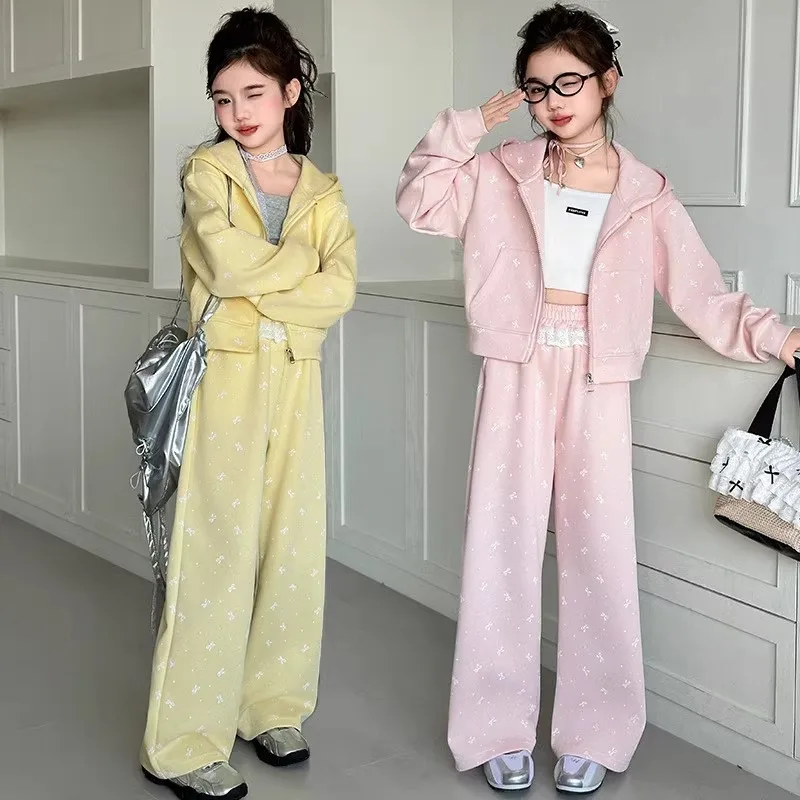 

2pcs 2026 winter spring Teens Clothes Children Set bow tracksuit top hooded jacket + loose wide leg Pant suit 4 7 8 10 12 year