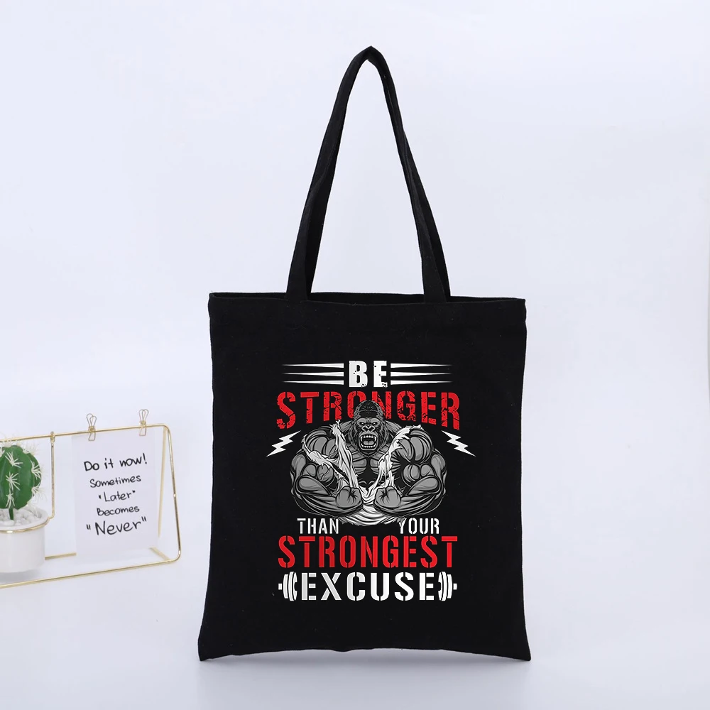 Muscular Creature Graphic Canvas Tote Bag with Slogan Print, Streetwear Style for Daily Shopping