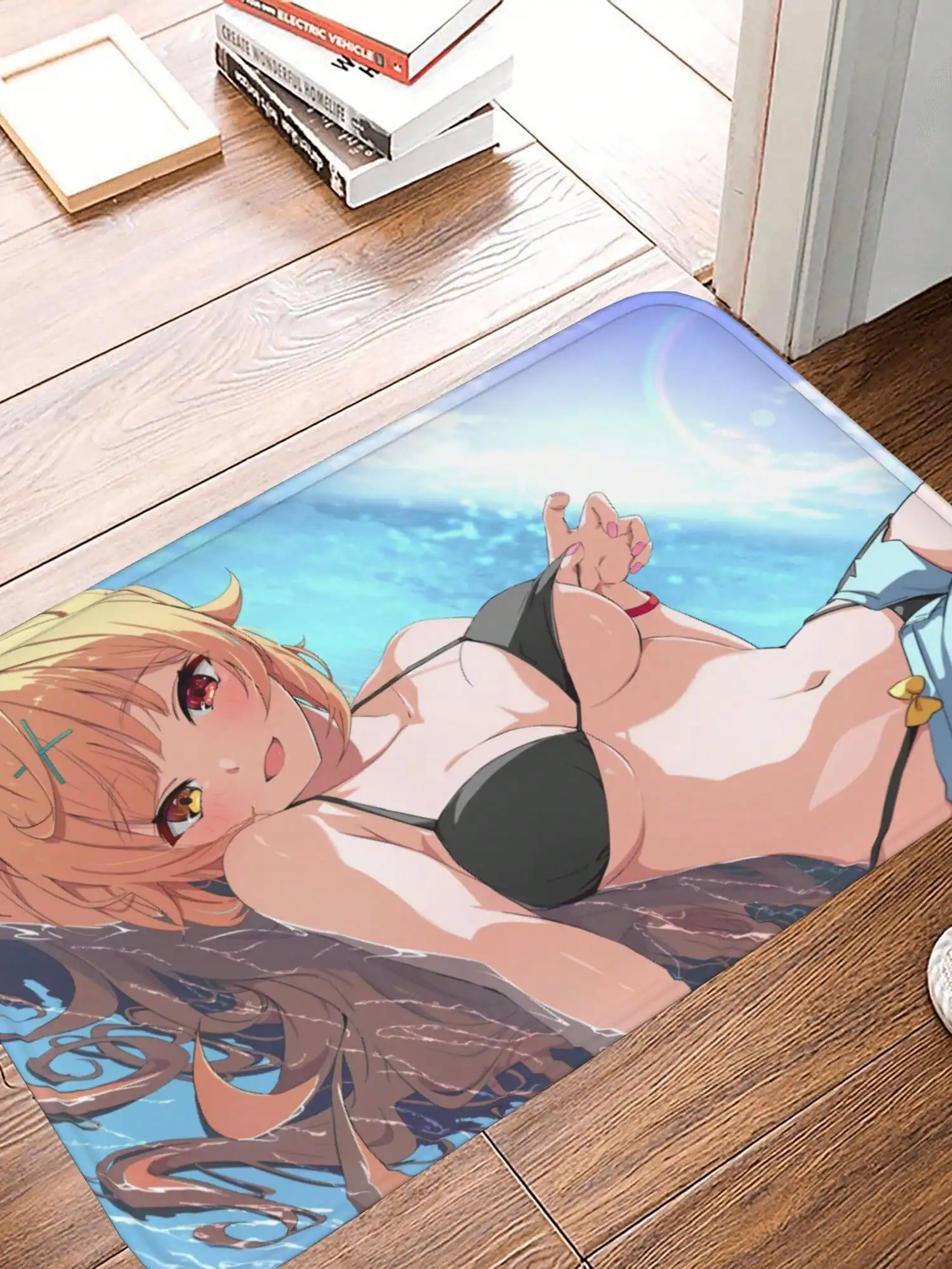 Anime Girl Beach Door Mat - Bikini Sunbathing Non-Slip Rug, Summer Ocean Scenery Entry Mat for Home, Multiple Sizes
