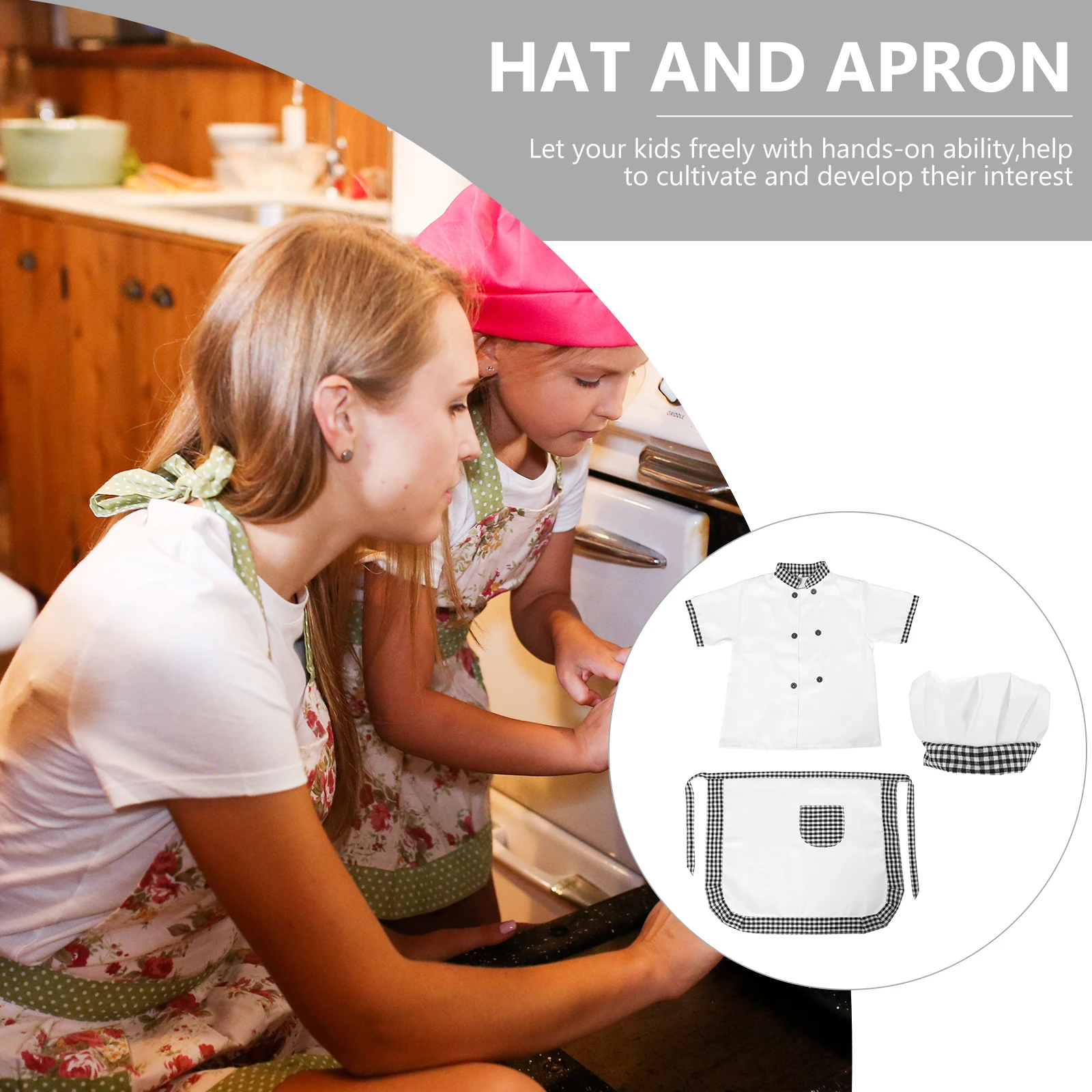 

1 set Children Kids Toddler Aprons Hat Suits Boy Baking Costume Gray Checkered Pocket Cooking Role Play 120cm Short