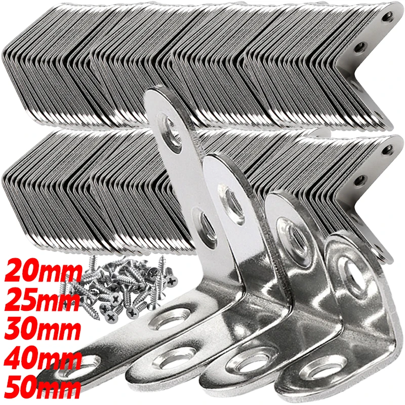 1/20pc Right Angle Bracket with Screw Stainless Steel Connectors Corner Brace Hardware Fasteners Furniture Cabinet Frame Support