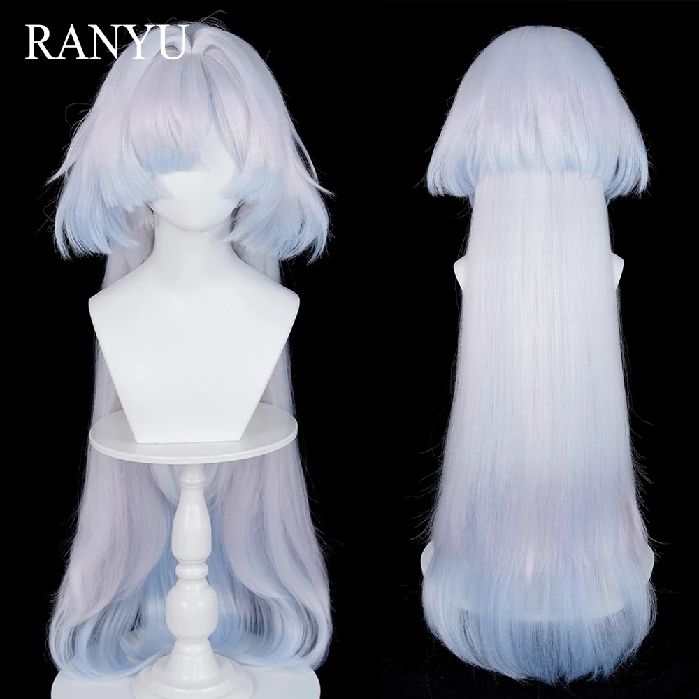 Synthetic Long Straight White Ombre Blue Jellyfish Head Wigs with Bangs Anime Game Cosplay Fluffy Wig for Daily Party
