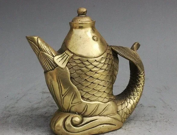 Marked Folk China Dynasty Brass Lotus Fish Form Statue Lucky Wine Tea Pot Flagon