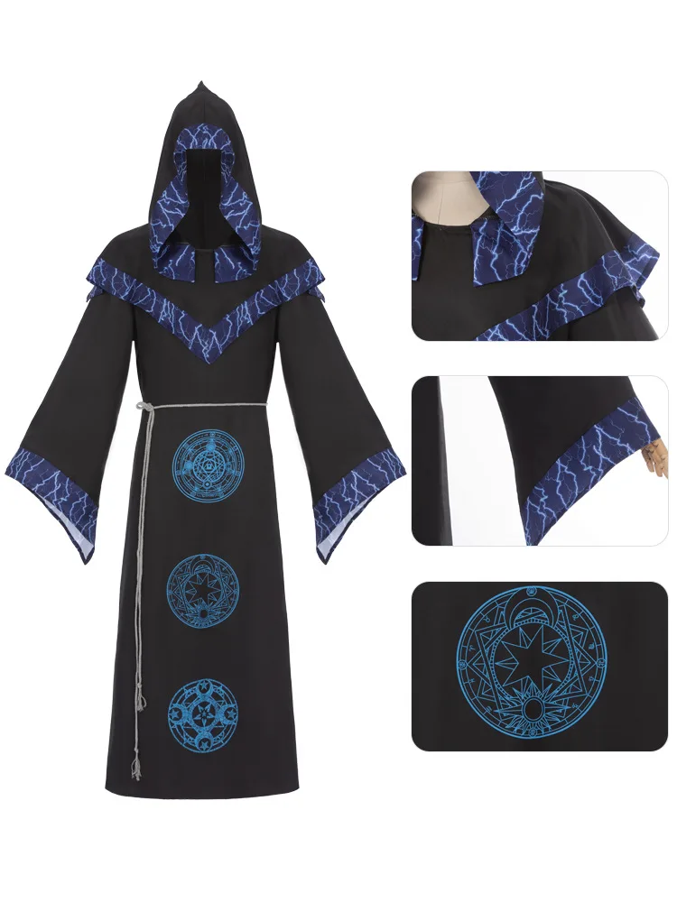 Dark Wizard Robe with Hooded Cloak - Medieval Reaper Halloween Costume for Stage Performance & Cosplay