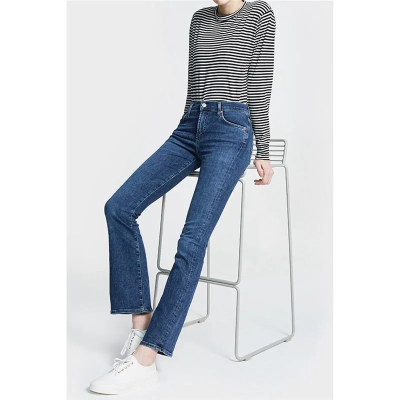 Jeans a vita alta con campana Bot Jeans da donna elasticizzati dimagranti blu intenso a vita alta Pantaloni in denim a nove punti Jeans da donna autunno Faion