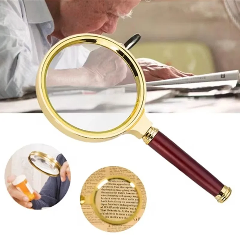 10X Handheld Magnifier Non-Slip Reading Magnifier Glass Antique Wooden Handle 60/70/80/90/100mm Seniors Reading Inspection Tool