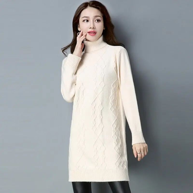 

Autumn winter knitted sweater dress Long sleeve turtleneck twist women pollover pulls femme automne hiver