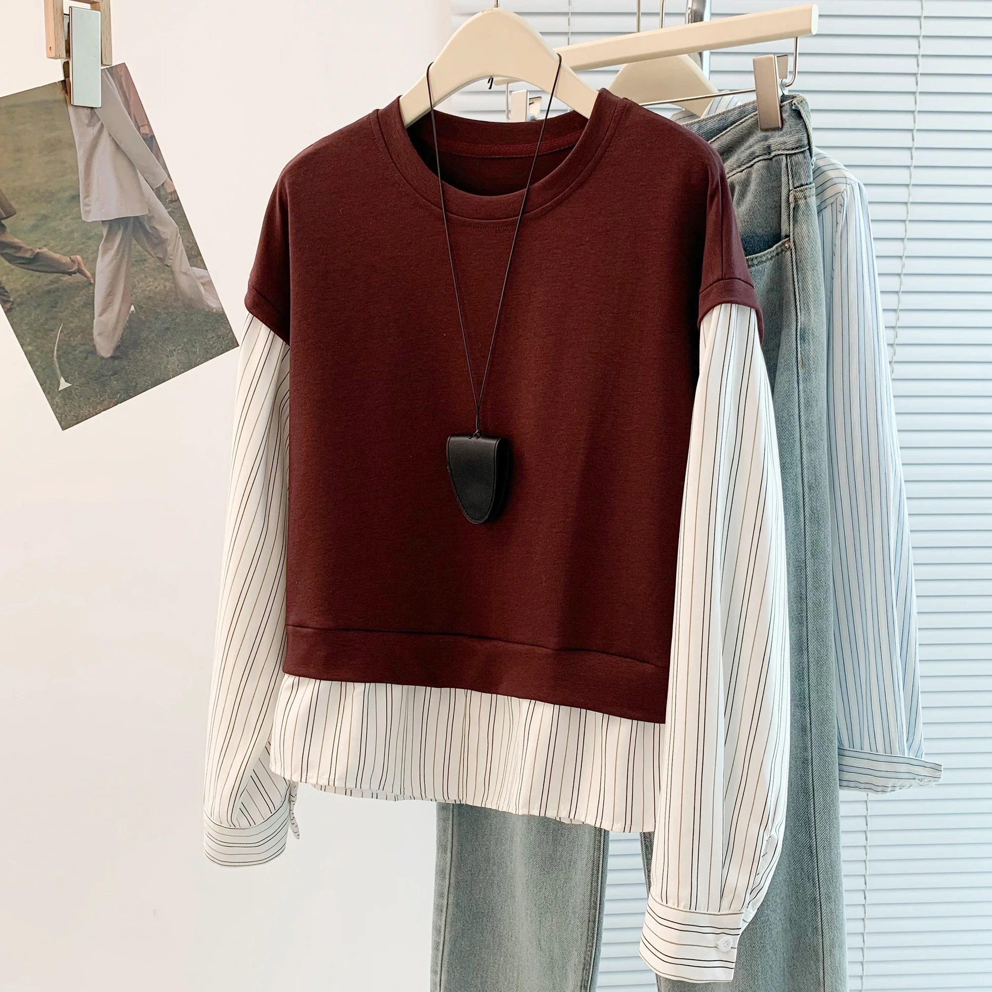 

Autumn New Style Casual Long Sleeve Sweatshirt T-Shirt Color Block Design Versatile City Commute Cotton Blend round Neck