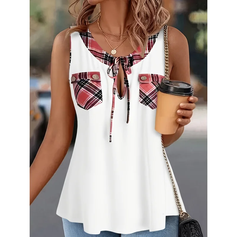 

Plus Size, Plus-size Women's Plaid Patchwork Pocket Button-tie Sleeveless Top