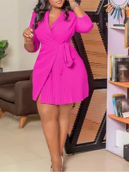 Women Solid Plus Size Folds Dress Neck Pleated Blazer Style Dress Office Vintage Sexy Lady Belt Party Tight Curvy Short Dress