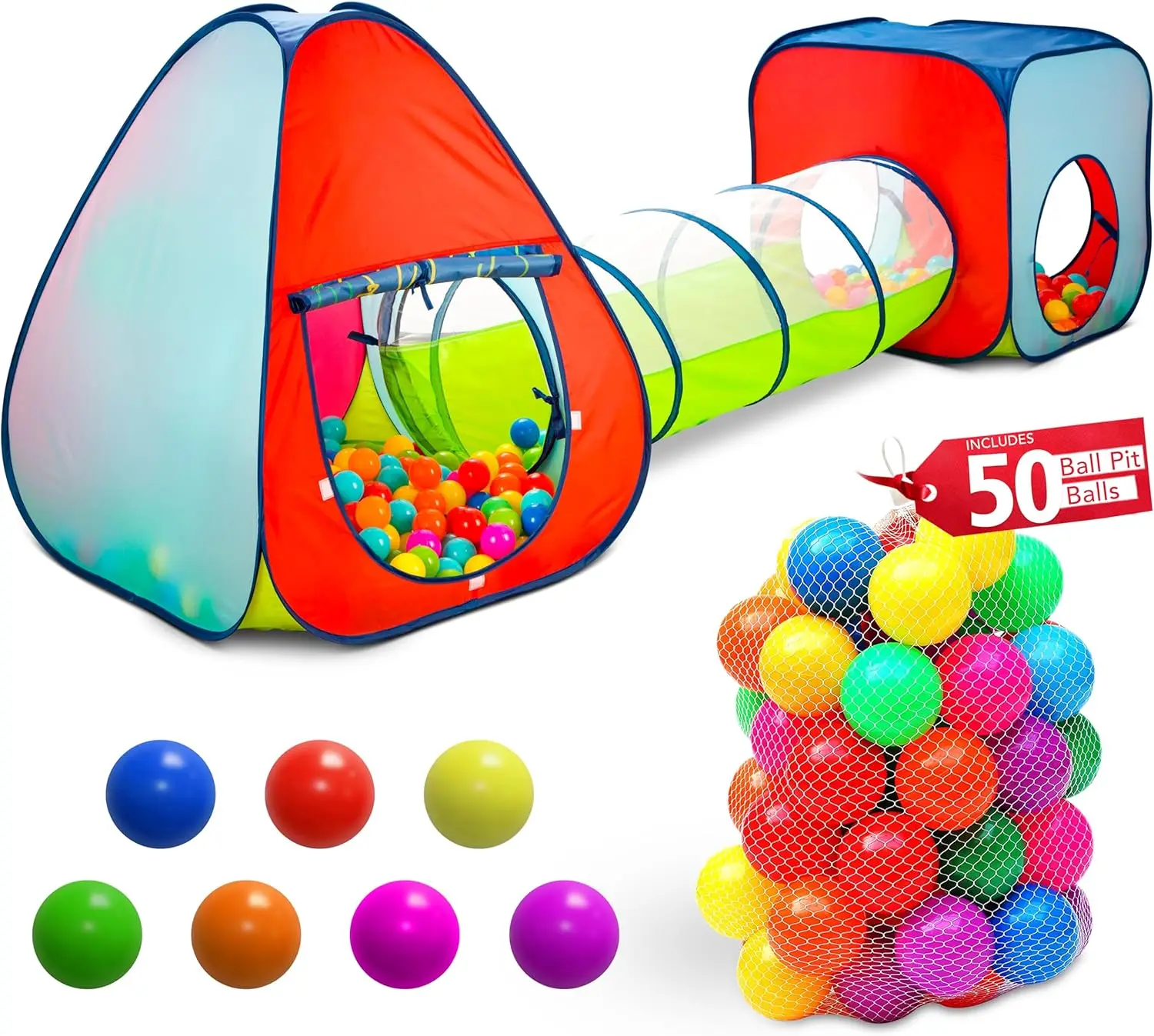 Tienda de juegos para niños con 50 pelotas, combinación de túnel y piscina de pelotas de 3 piezas, juego emergente para interiores/exteriores con paneles de malla y bolsa de transporte
