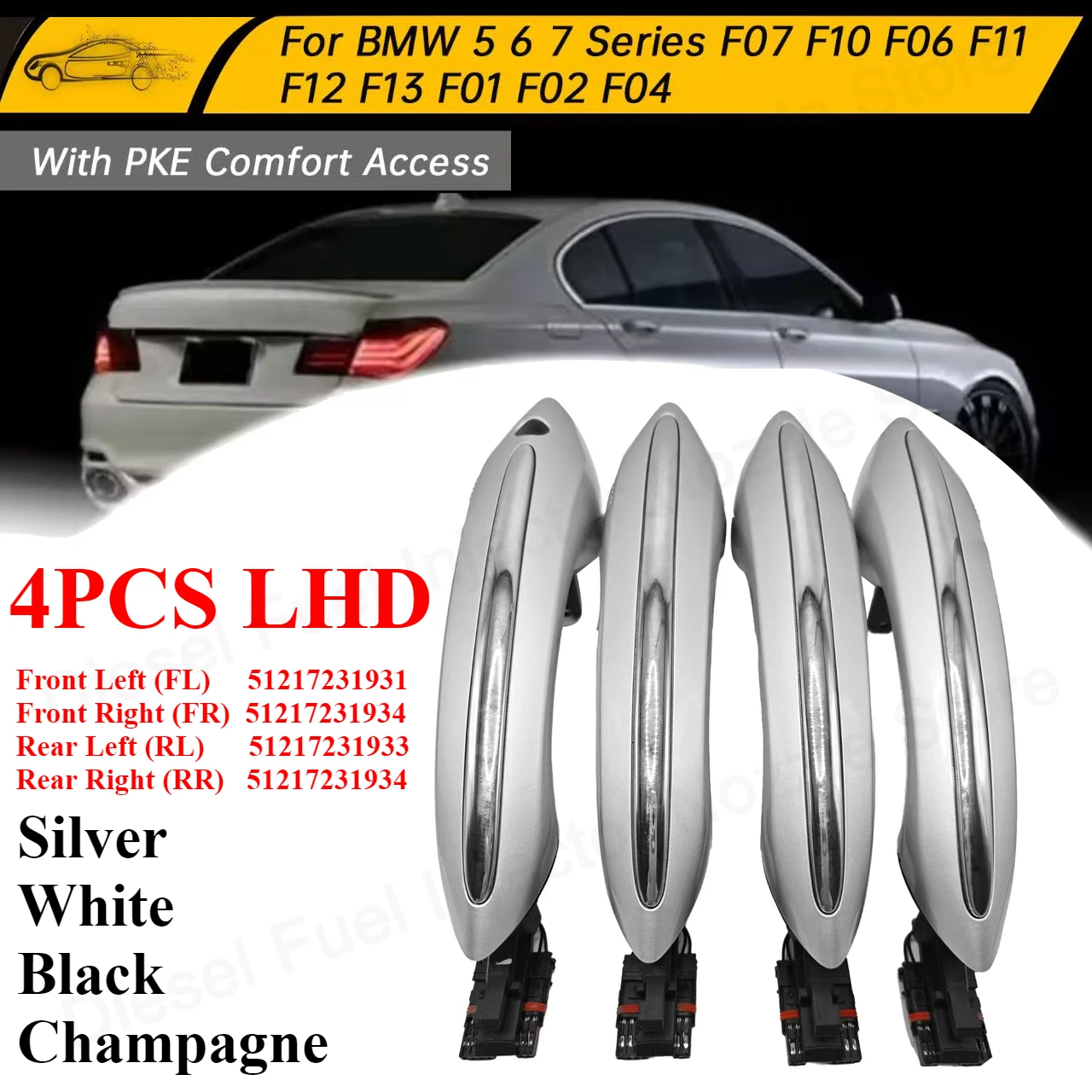 4x para BMW 520i 528i 530i 535i M5 F07 F10 F11 F06 F01 F02 F03 F04 manija de puerta Exterior de acceso cómodo entrada sin llave con LED LHD