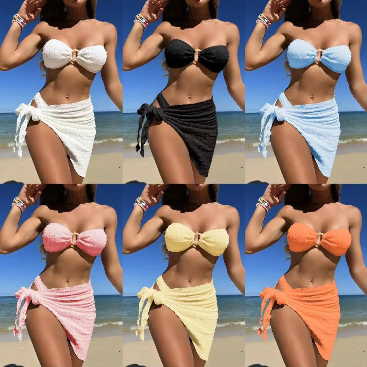 

2025 With Sarong Bandeau Strapless Wrinkled Bikini Women Swimwear Female Swimsuit Three-pieces Bikini set Bather Bathing Suit