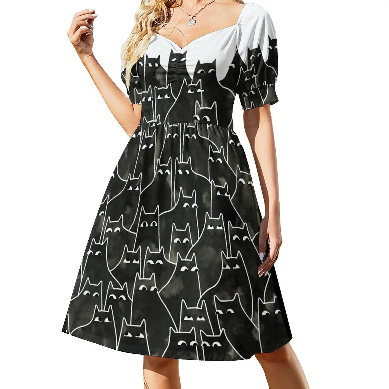 

Suspicious Cats Short Sleeved Dress evening dress ladies women dresses cute dress evening dresses ladies