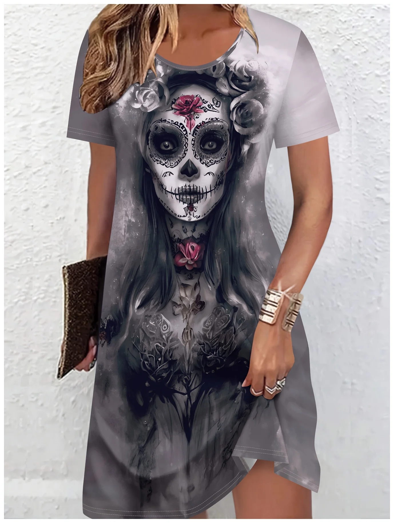 T-shirt gotica punk del giorno dei morti da donna, teschio e stampa floreale 3D, abito casual a maniche corte, top gotico, vestiti da donna Y2k